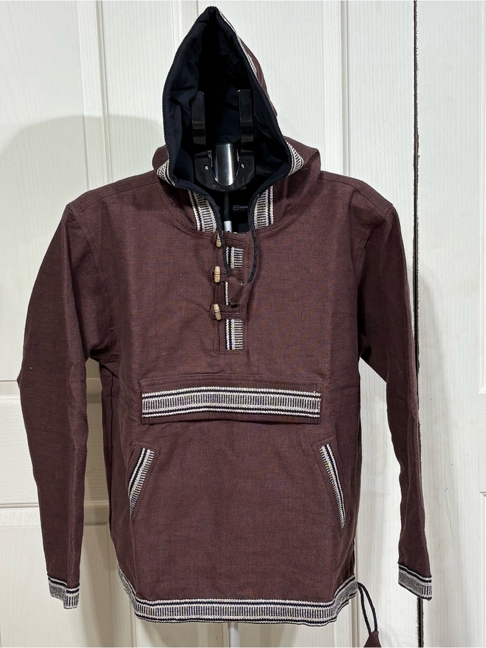 Virblatt Spharenhaft Baja Hoodie Brown Woven Cotton Toggle Festival Jacket M